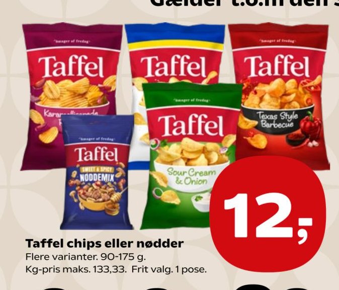 Taffel chips eller nødder Flere varianter. 90-175 g. – SuperBrugsen