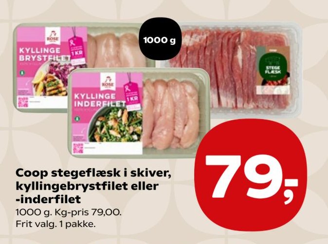 Coop stegeflæsk i skiver, kyllingebrystfilet eller -inderfilet 1000 g. Kg-pris 79,00. Frit valg. 1 pakke. – SuperBrugsen