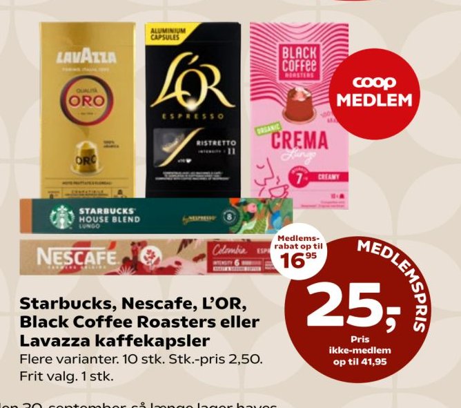 Starbucks, Nescafe, L'OR, Black Coffee Roasters eller Lavazza kaffekapsler Flere varianter. 10 stk. Stk.-pris 2,50. Frit valg. 1 stk. – SuperBrugsen