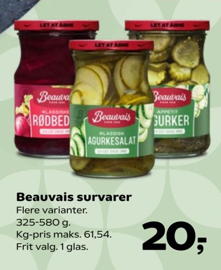 Beauvais survarer Flere varianter. 325-580 g. Kg-pris maks. 61,54. Frit valg. 1 glas. – SuperBrugsen