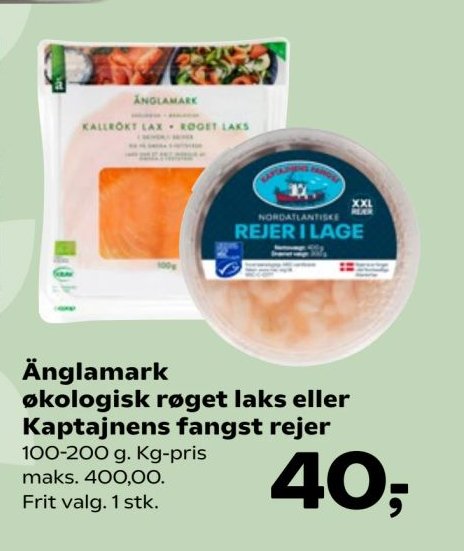 Änglamark økologisk røget laks eller Kaptajnens fangst rejer 100-200 g. Kg-pris maks. 400,00. Frit valg. 1 stk. – SuperBrugsen