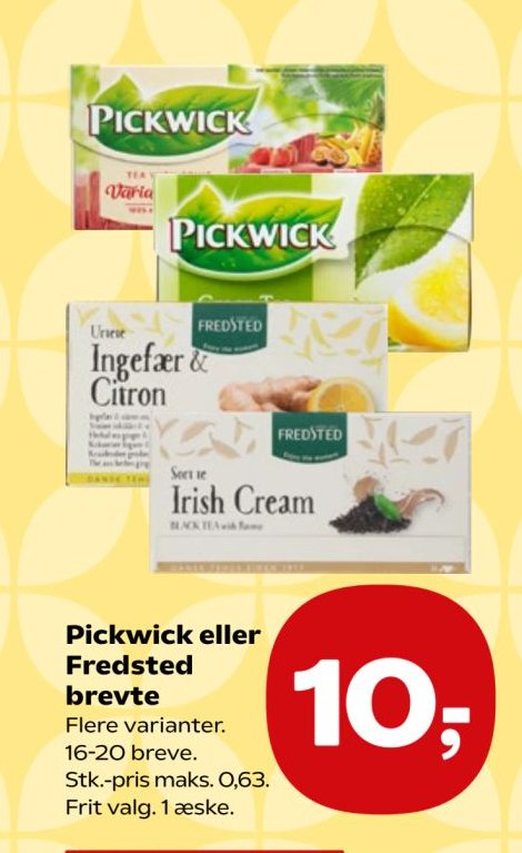 Pickwick eller Fredsted breve te Flere varianter. 16-20 breve. Stk.-pris maks. 0,63. Frit valg. 1 æske. – SuperBrugsen