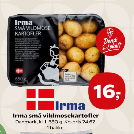 Irma små vildmosekartofler Danmark, kl. I. 650 g. Kg-pris 24,62. – SuperBrugsen