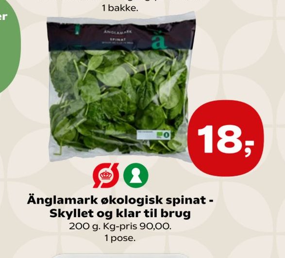 Änglamark økologisk spinat - Skyllet og klar til brug 200 g. Kg-pris 90,00. 1 pose. – SuperBrugsen