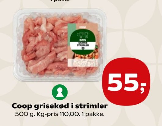 Coop grisekød i strimler 500 g. Kg-pris 110,00. 1 pakke. – SuperBrugsen