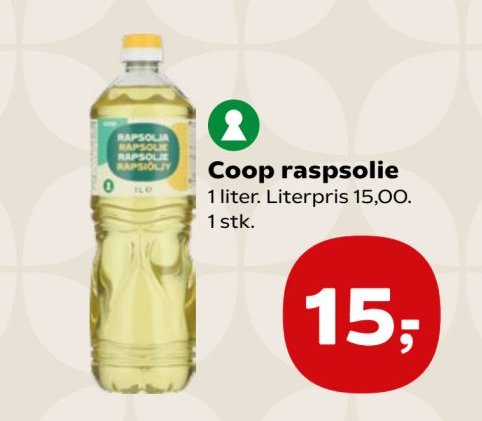 Coop rapsolie 1 liter. Literpris 15,00. 1 stk. – SuperBrugsen
