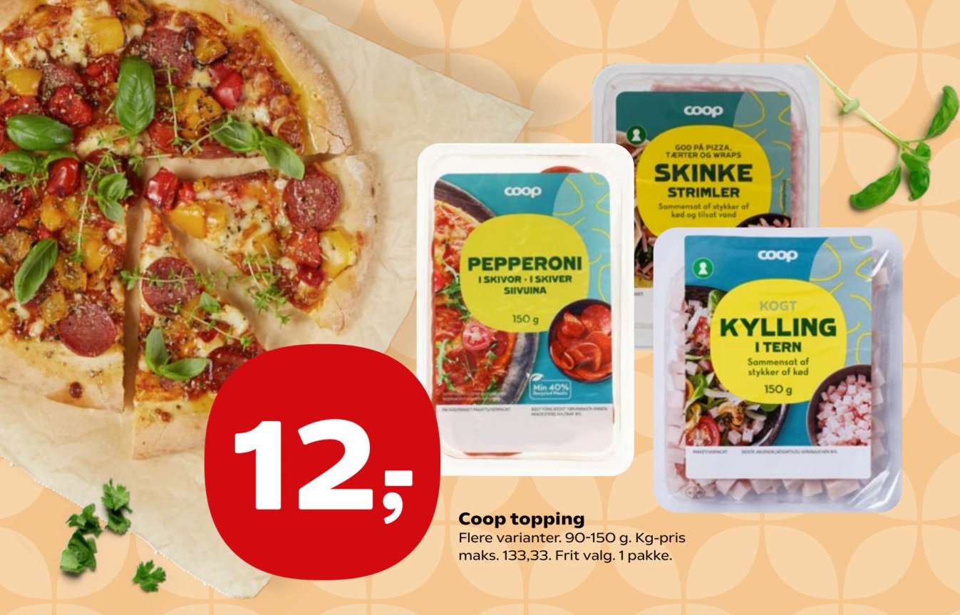 Coop topping Flere varianter. 90-150 g. Kg-pris maks. 133,33. Frit valg. 1 pakke. – SuperBrugsen