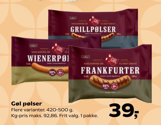 Gøl pølser Flere varianter. 420-500 g. Kg-pris maks. 92,86. Frit valg. 1 pakke. – SuperBrugsen