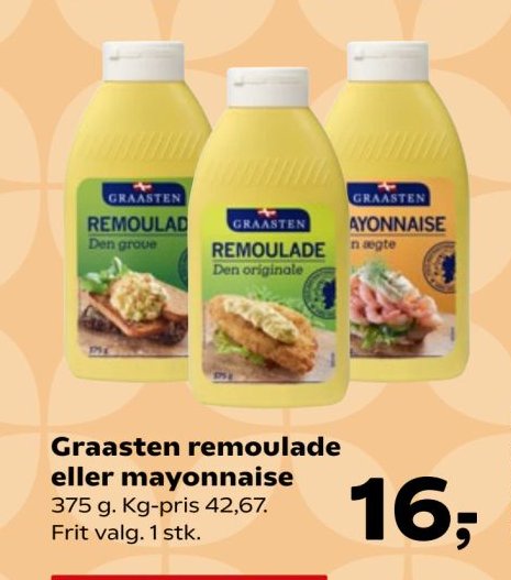 Graasten remoulade eller mayonnaise 375 g. Kg-pris 42,67. Frit valg. 1 stk. – SuperBrugsen