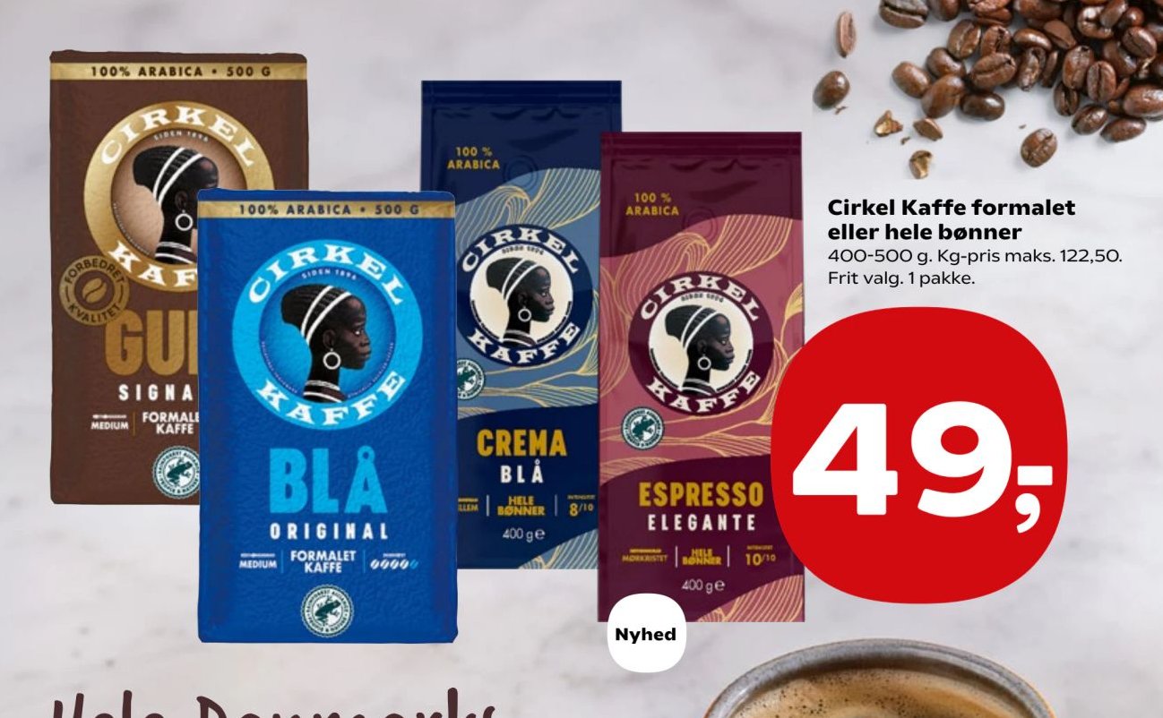 Cirkel Kaffe formalet eller hele bønner 400-500 g. Kg-pris maks. 122,50. Frit valg. 1 pakke. – SuperBrugsen