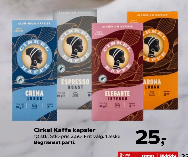 Cirkel Kaffe kapsler 10 stk. Stk.-pris 2,50. Frit valg. 1 æske. Begrænset parti. – SuperBrugsen