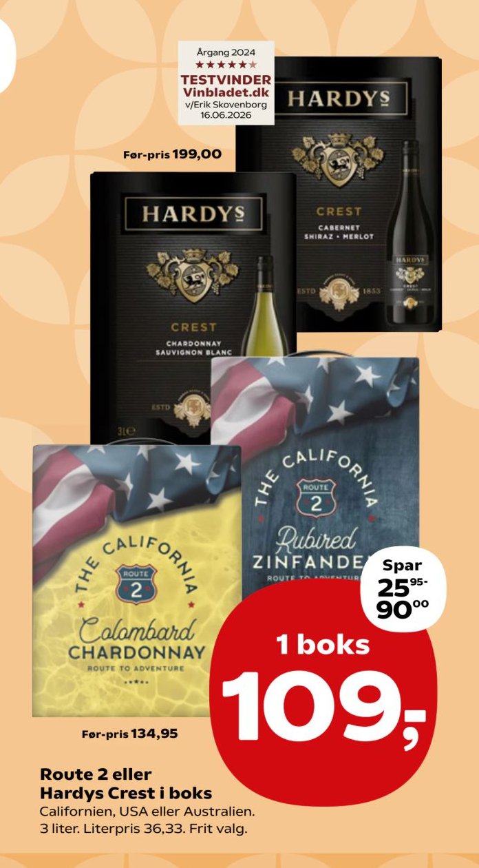 Route 2 eller Hardys Crest i boks Californien, USA eller Australien. 3 liter. Literpris 36,33. – SuperBrugsen