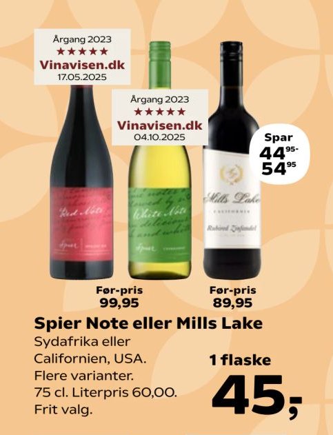 Spier Note eller Mills Lake Sydafrika eller Californien, USA. Flere varianter. 75 cl. Literpris 60,00. Frit valg. – SuperBrugsen