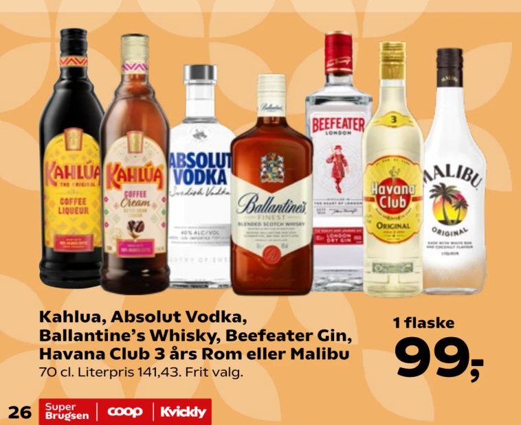 Kahlua, Absolut Vodka, Ballantine’s Whisky, Beefeater Gin, Havana Club 3 års Rom eller Malibu 70 cl. Literpris 141,43. Frit valg. – SuperBrugsen