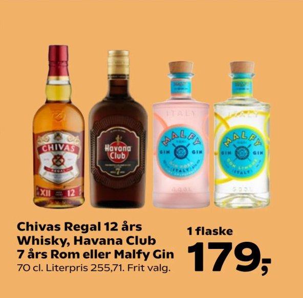 Chivas Regal 12 års Whisky, Havana Club 7 års Rom eller Malfy Gin 70 cl. Literpris 255,71. Frit valg. – SuperBrugsen