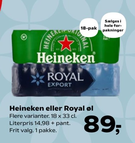 Heineken eller Royal øl Flere varianter. 18 x 33 cl. Literpris 14,98 + pant. Frit valg. 1 pakke. – SuperBrugsen