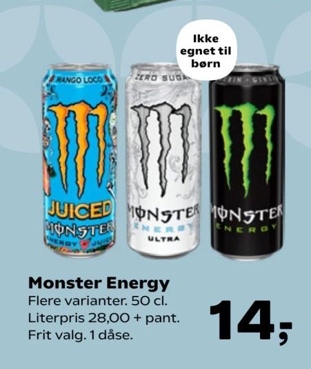 Monster Energy Flere varianter. 50 cl. Literpris 28,00 + pant. Frit valg. 1 dåse. – SuperBrugsen