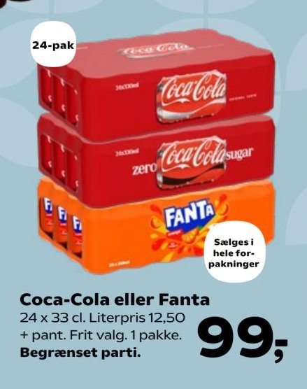 Coca-Cola eller Fanta 24 x 33 cl. Literpris 12,50 + pant. Frit valg. 1 pakke. Begrænset parti. – SuperBrugsen