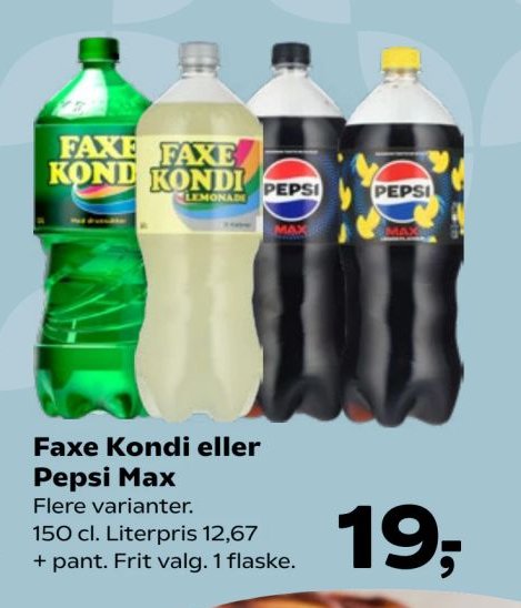 Faxe Kondi eller Pepsi Max Flere varianter. 150 cl. Literpris 12,67 + pant. Frit valg. 1 flaske. – SuperBrugsen