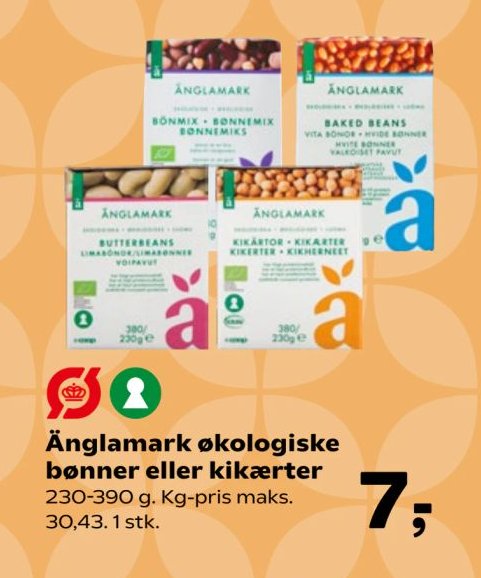 Änglamark økologiske bønner eller kikærter 230-390 g. Kg-pris maks. 30,43. 1 stk. – SuperBrugsen