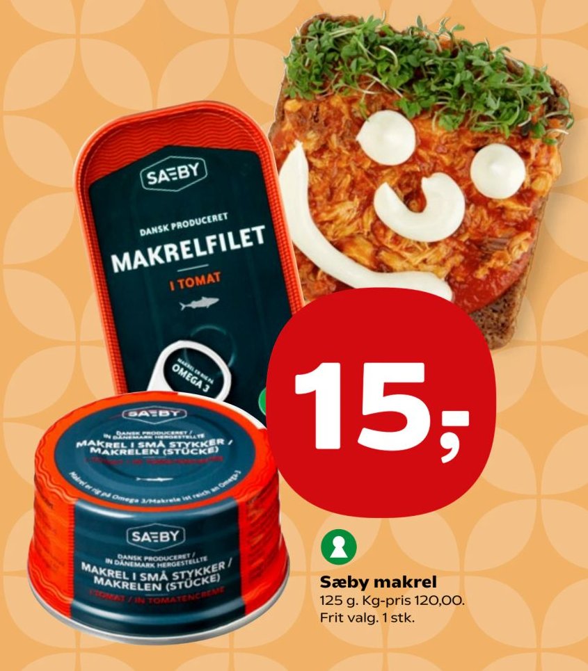 Sæby makrel 125 g. Kg-pris 120,00. Frit valg. 1 stk. – SuperBrugsen