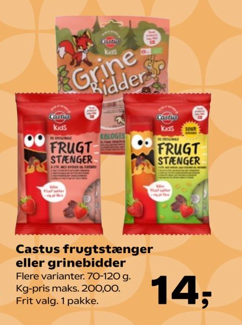 Castus frugtstænger eller grinebiddere Flere varianter. 70-120 g. Kg-pris maks. 200,00. Frit valg. 1 pakke. – SuperBrugsen
