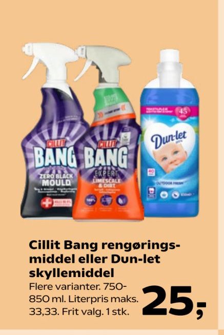 Cillit Bang rengøringsmiddel eller Dun-let skyllemiddel Flere varianter. 750-850 ml. Literpris maks. 33,33. Frit valg. 1 stk. – SuperBrugsen