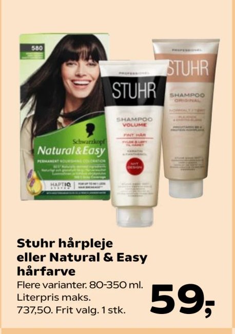 Stuhr hårpleje eller Natural & Easy hårfarve Flere varianter. 80-350 ml. Literpris maks. 737,50. Frit valg. 1 stk. – SuperBrugsen