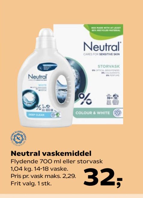 Neutral vaskemiddel Flydende 700 ml eller storvask 1,04 kg. 14-18 vaske. Pris pr. vask maks. 2,29. Frit valg. 1 stk. – SuperBrugsen