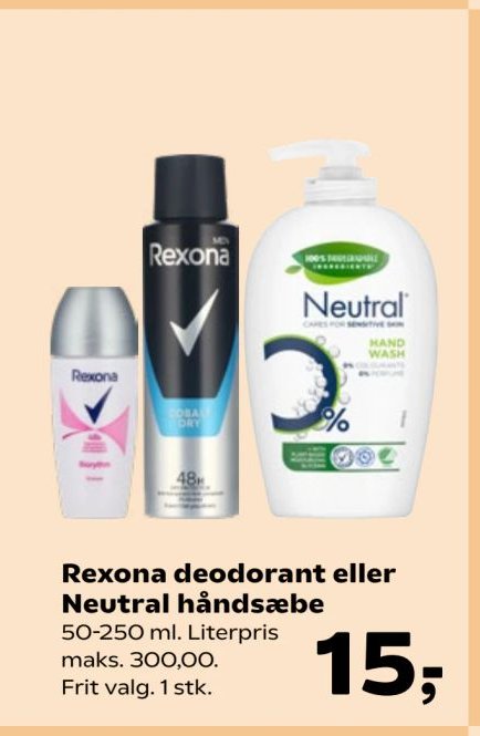 Rexona deodorant eller Neutral håndsæbe 50-250 ml. Literpris maks. 300,00. Frit valg. 1 stk. – SuperBrugsen
