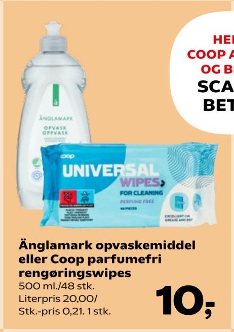 Änglamark opvaskemiddel eller Coop parfume fri rengøringswipes 500 ml./48 stk. Literpris 20,00/ Stk.-pris 0,21. 1 stk. – SuperBrugsen