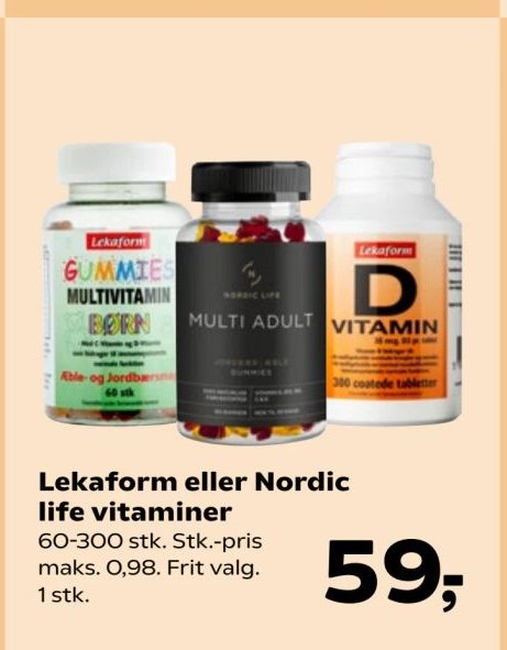 Lekaform eller Nordic life vitaminer 60-300 stk. Stk.-pris maks. 0,98. Frit valg. 1 stk. – SuperBrugsen