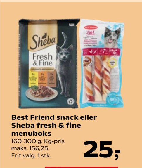 Best Friend snack eller Sheba fresh & fine menuboks 160-300 g. Kg-pris maks. 156,25. Frit valg. 1 stk. – SuperBrugsen