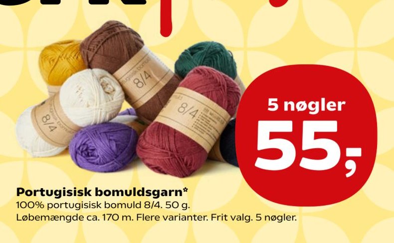 Portugisisk bomuldsgarn 100% portugisisk bomuld 8/4. 50 g. Løbemængde ca. 170 m. Flere varianter. Frit valg. 5 nøgler. – SuperBrugsen