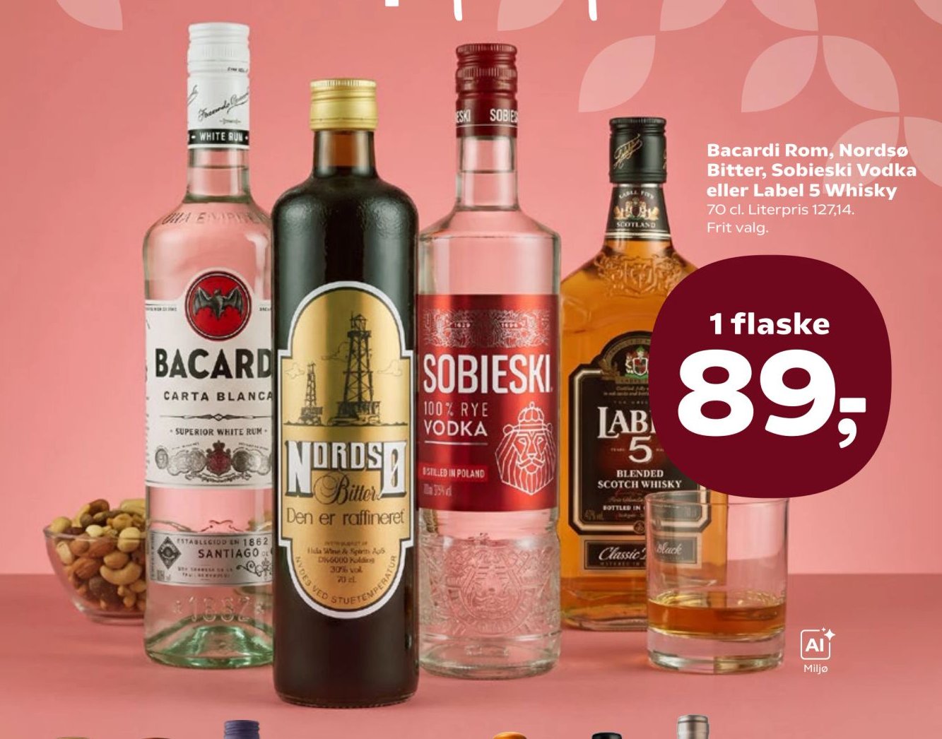 Bacardi Rom, Nordsø Bitter, Sobieski Vodka eller Label 5 Whisky 70 cl. Literpris 127,14. Frit valg. – SuperBrugsen