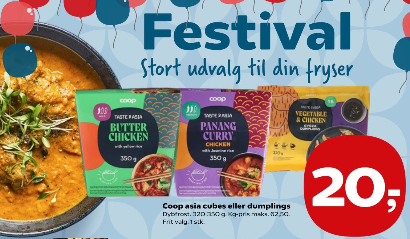 Coop asia cubes eller dumplings Dybfrost. 320-350 g. Kg-pris maks. 62,50. Frit valg. 1 stk. – SuperBrugsen