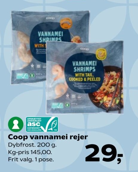 Coop vannamei rejer Dybfrost. 200 g. Kg-pris 145,00. Frit valg. 1 pose. – SuperBrugsen