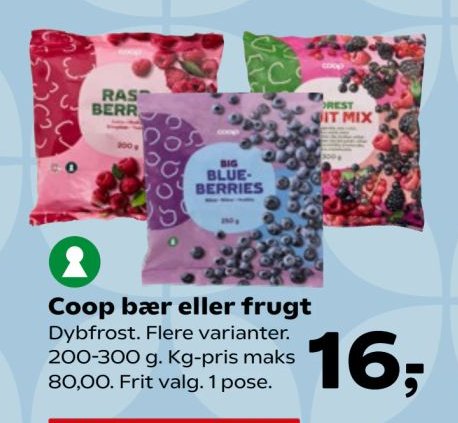 Coop bær eller frugt Dybfrost. Flere varianter. 200-300 g. Kg-pris maks 80,00. Frit valg. 1 pose. – SuperBrugsen