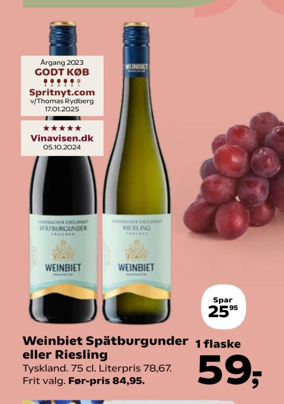 Weinbiet Spätburgunder eller Riesling Tyskland. 75 cl. Literpris 78,67. Frit valg. – SuperBrugsen