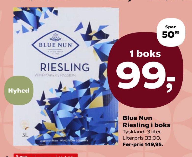 Blue Nun Riesling i boks Tyskland. 3 liter. Literpris 33,00. – SuperBrugsen