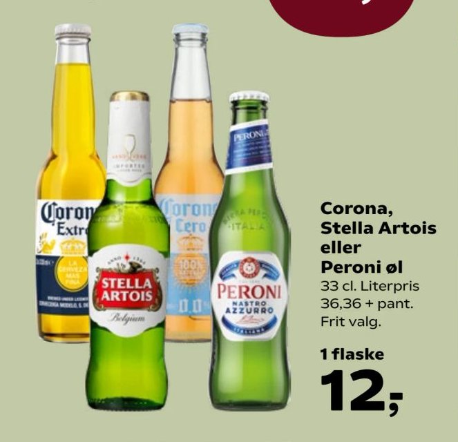 Corona, Stella Artois eller Peroni øl 33 cl. Literpris 36,36 + pant. Frit valg. – SuperBrugsen