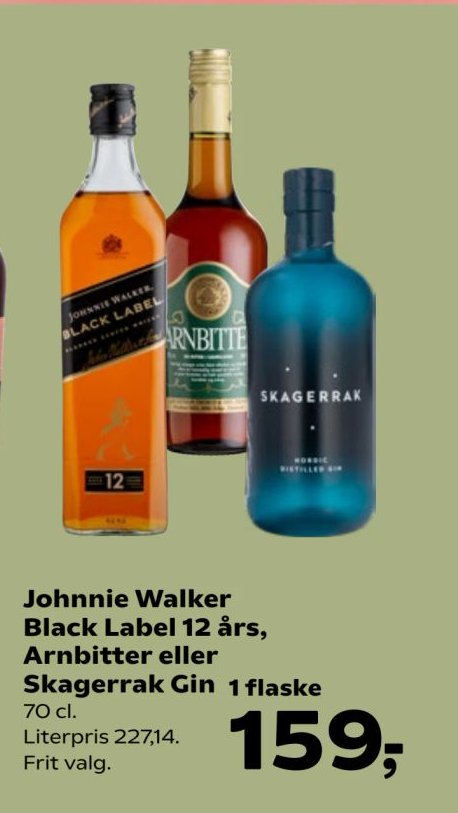 Johnnie Walker Black Label 12 års, Arnbitter eller Skagerrak Gin 70 cl. – SuperBrugsen