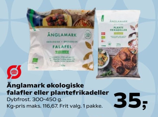 Änglamark økologiske falafler eller plantefrikadeller Dybfrost. 300-450 g. Kg-pris maks. 116,67. Frit valg. 1 pakke. – SuperBrugsen