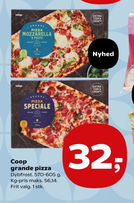 Coop grande pizza Dybfrost. 570-605 g. Kg-pris maks. 56,14. Frit valg. 1 stk. – SuperBrugsen