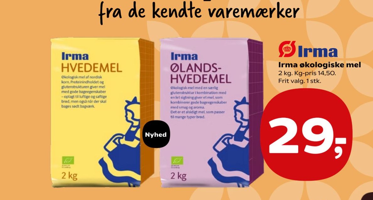 Irma økologiske mel 2 kg. Kg-pris 14,50. Frit valg. 1 stk. – SuperBrugsen