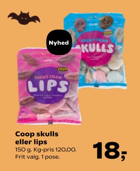Coop skulls eller lips 150 g. Kg-pris 120,00. Frit valg. 1 pose. – SuperBrugsen