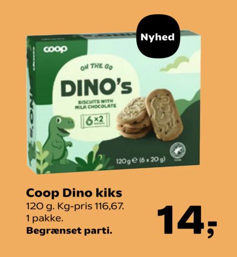 Coop Dino kiks 120 g. Kg-pris 116,67. 1 pakke. Begrænset parti. – SuperBrugsen