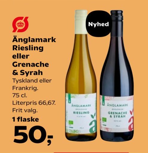 Änglamark Riesling eller Grenache & Syrah Tyskland eller Frankrig. 75 cl. Literpris 66,67. Frit valg. 1 flaske – SuperBrugsen