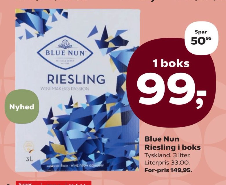 Blue Nun Riesling i boks Tyskland. 3 liter. Literpris 33,00. – SuperBrugsen