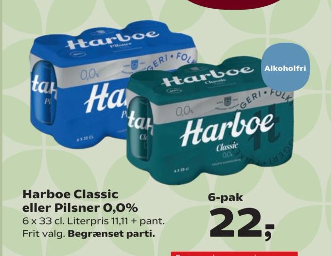 Harboe Classic eller Pilsner 0,0% 6 x 33 cl. Literpris 11,11 + pant. Frit valg. Begrænset parti. – SuperBrugsen